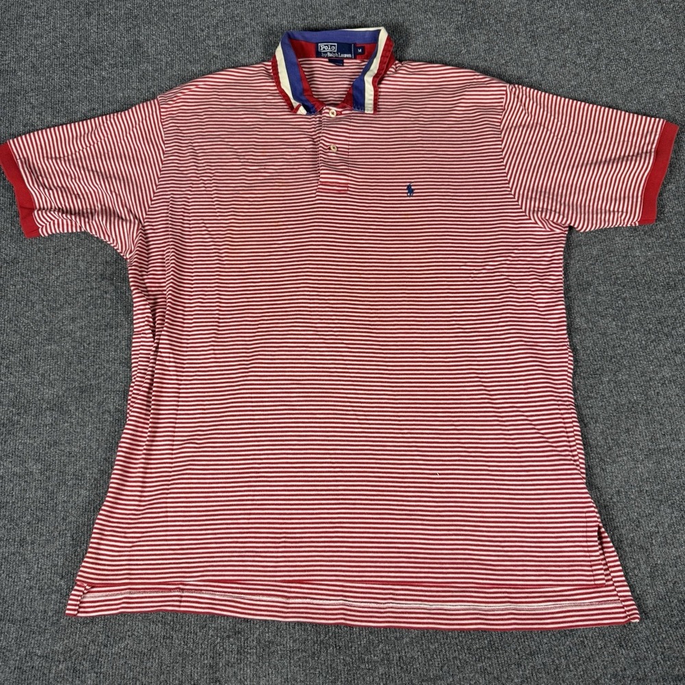 Vintage Polo Ralph Lauren Rugby Shirt Mens Medium Striped Red Blue Short Sleeve